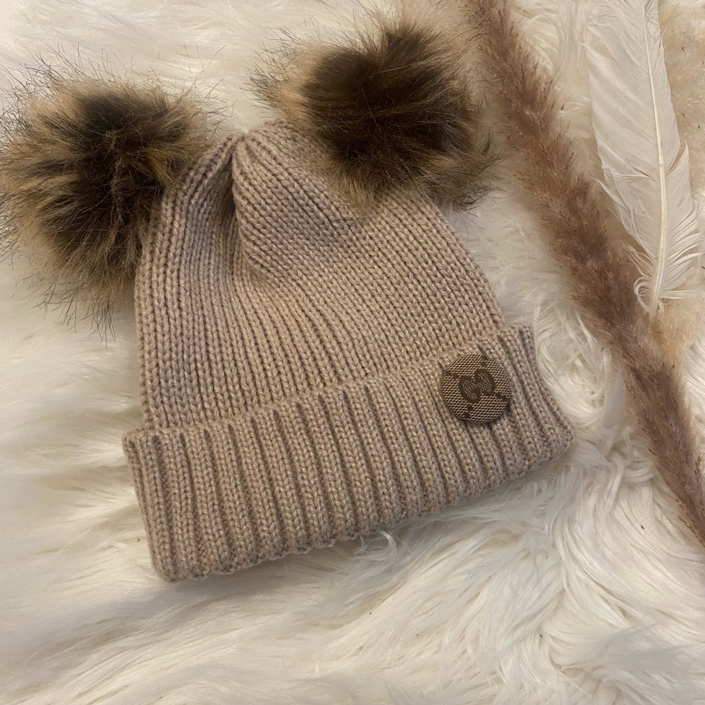 Cozy Tan Knit Pom-Pom Beanie for Kids made with an up cycled Gucci fabric button